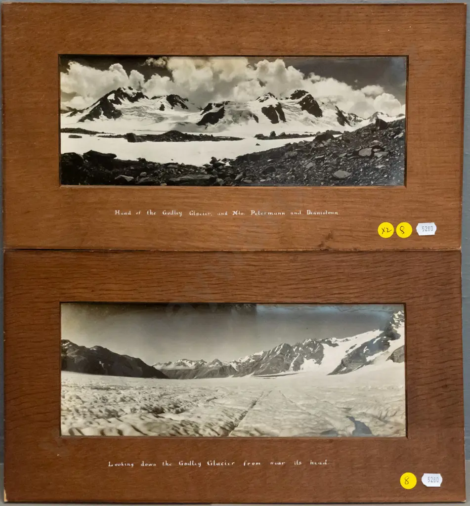 2 framed vintage black and white scenic photographs - Godley Glacier (some aging) Each H-115 W-300 Image 1++