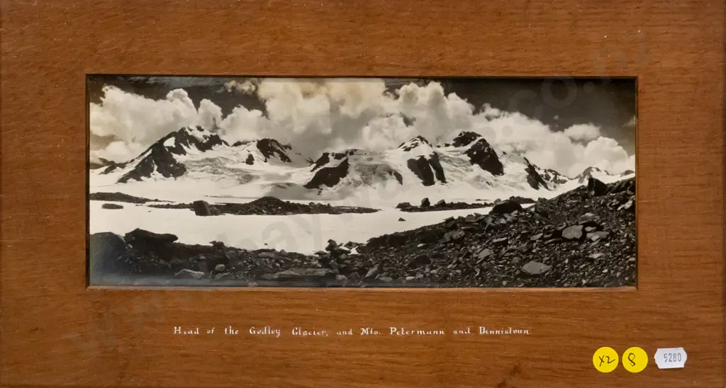 2 framed vintage black and white scenic photographs - Godley Glacier (some aging) Each H-115 W-300 Image 1++