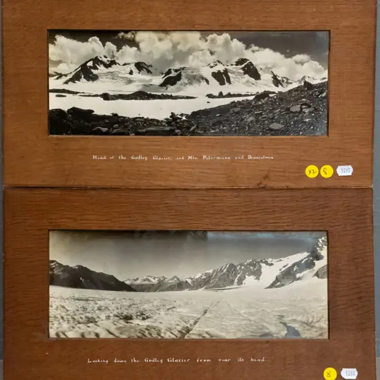 2 framed vintage black and white scenic photographs - Godley Glacier (some aging) Each H-115 W-300