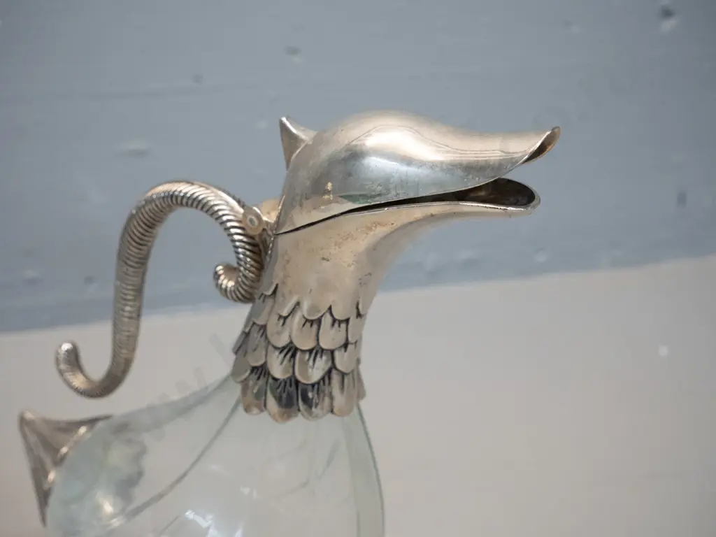 footed claret jug with silver plated hinged bird head top, handle, foot and tail - marked "Silea" on base H-255 L-260 Image 1++