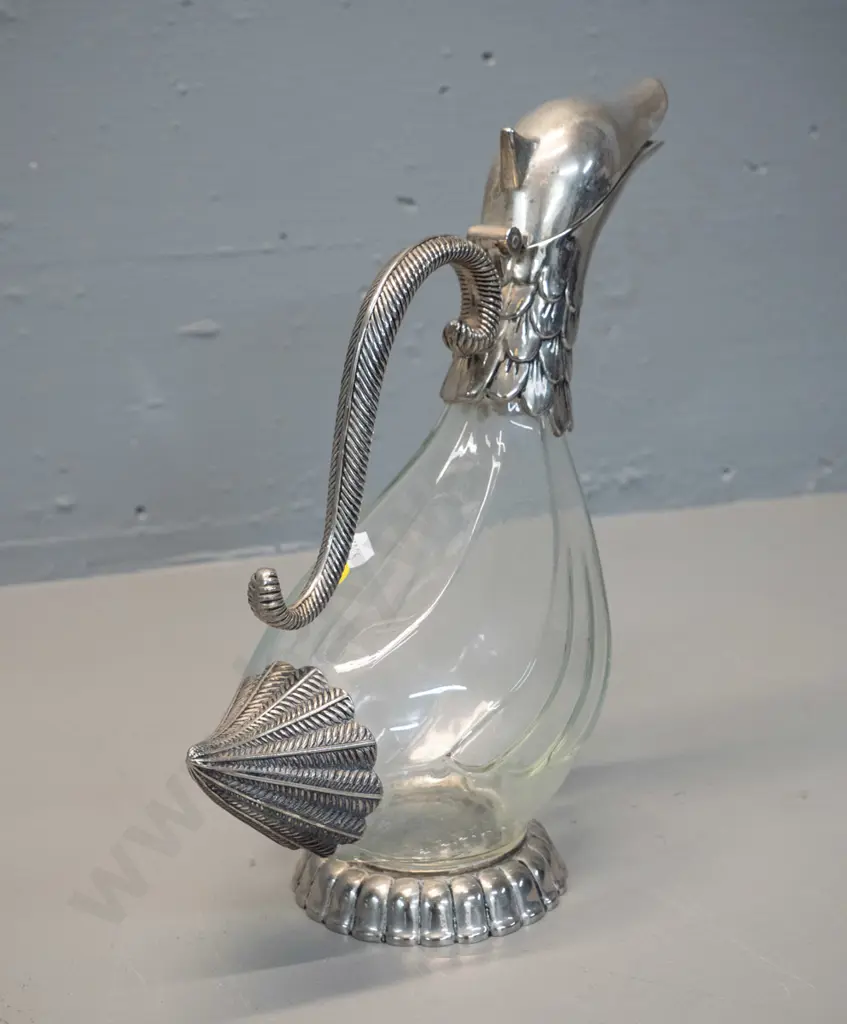 footed claret jug with silver plated hinged bird head top, handle, foot and tail - marked "Silea" on base H-255 L-260 Image 1++