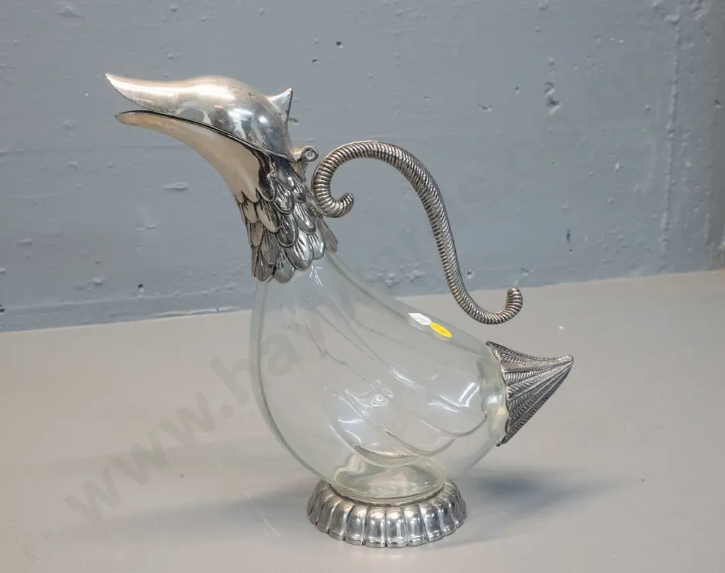 footed claret jug with silver plated hinged bird head top, handle, foot and tail - marked "Silea" on base H-255 L-260 Image 1++