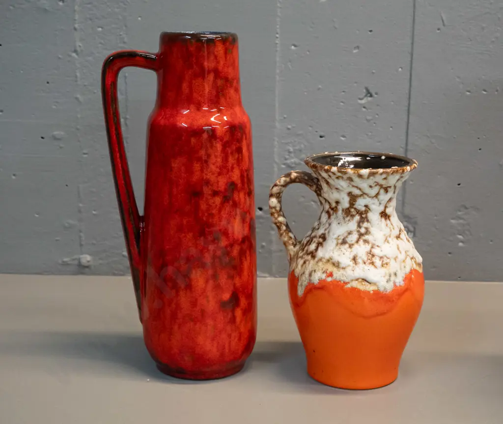 2 retro German pottery mottled glaze jugs - taller is H-290 Image 1++
