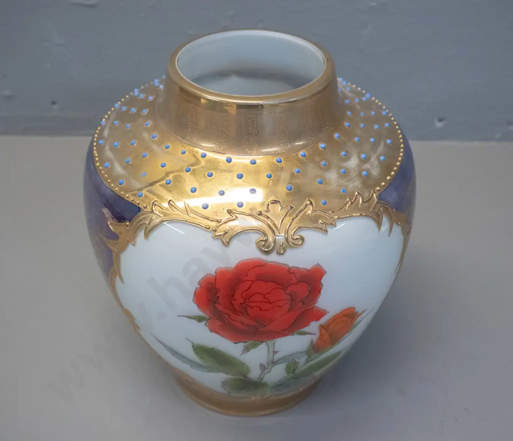 vintage heavily decorated, signed hand painted glass vase with roses and raised dots, some wear to gilt H-220 D-180 Image 1++