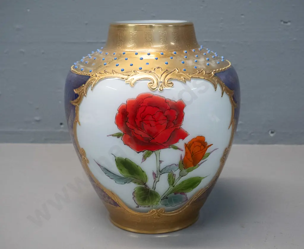 vintage heavily decorated, signed hand painted glass vase with roses and raised dots, some wear to gilt H-220 D-180 Image 1++