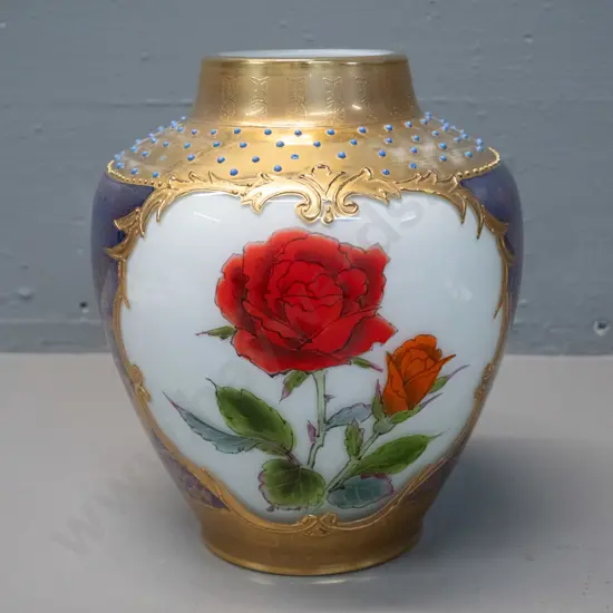 vintage heavily decorated, signed hand painted glass vase with roses and raised dots, some wear to gilt H-220 D-180