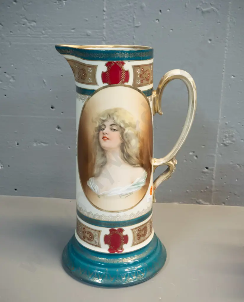 vintage tall handled jug or vase - marked "Constance" next to oval portrait H-320 Image 1++