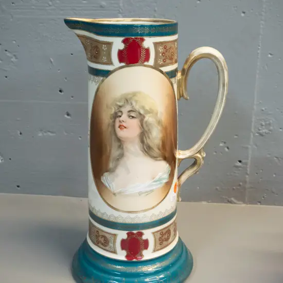 vintage tall handled jug or vase - marked "Constance" next to oval portrait H-320