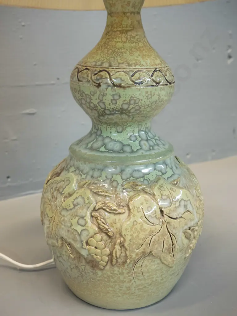 studio pottery table lamp with mottled pale green and blue glaze, applied grape leaf motifs, corded shade H-420 - has Image 1++