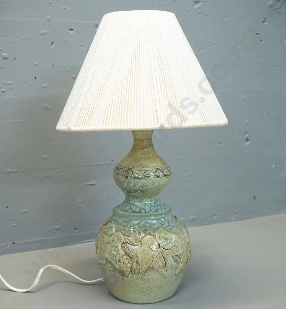 studio pottery table lamp with mottled pale green and blue glaze, applied grape leaf motifs, corded shade H-420 - has Image 1++