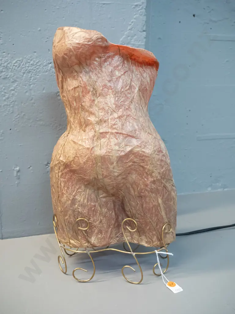 table lamp with retro brass wire base and papier mache female torso shade H-410 W-210 Image 1++