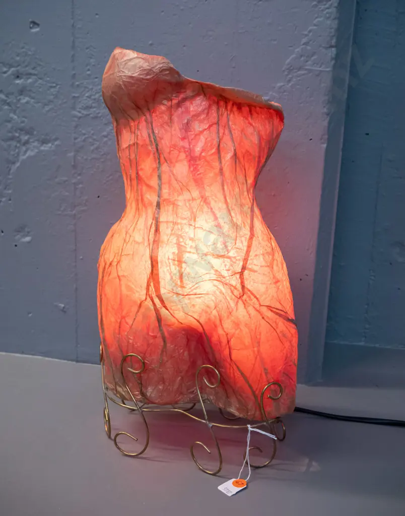 table lamp with retro brass wire base and papier mache female torso shade H-410 W-210 Image 1++