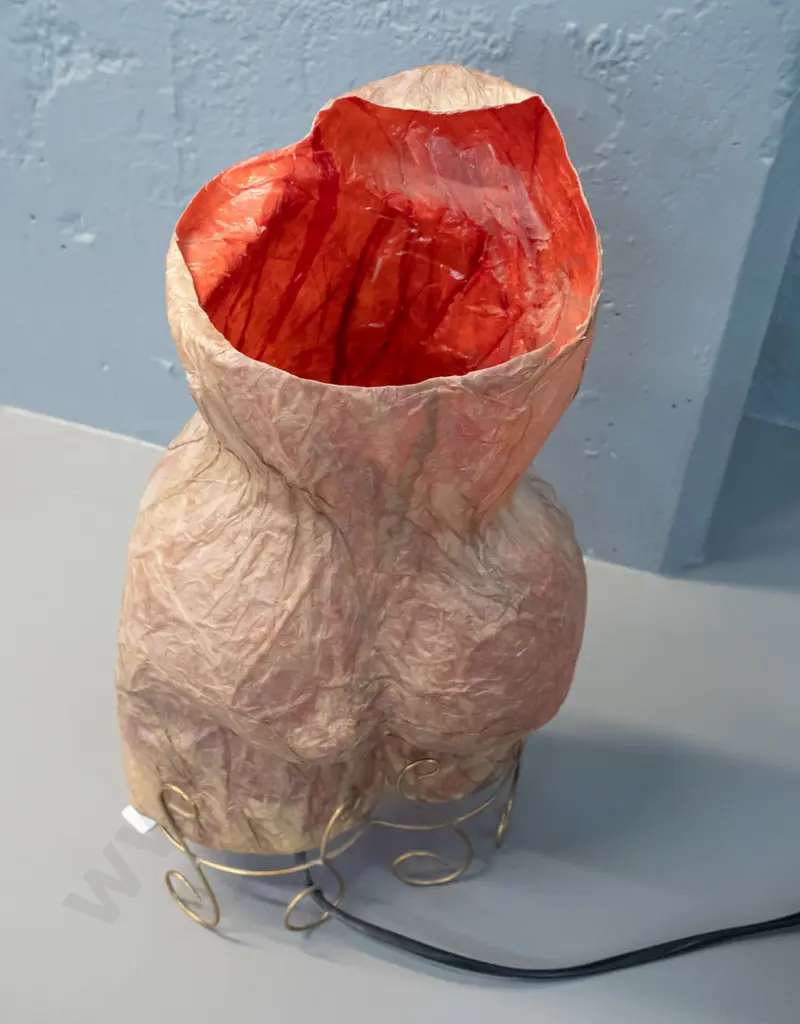 table lamp with retro brass wire base and papier mache female torso shade H-410 W-210 Image 1++