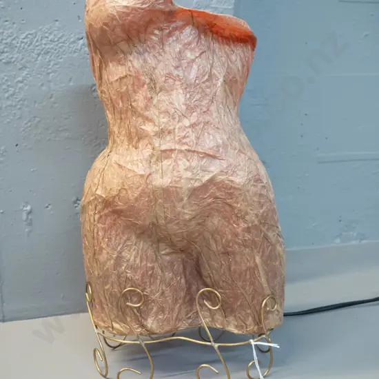 table lamp with retro brass wire base and papier mache female torso shade H-410 W-210