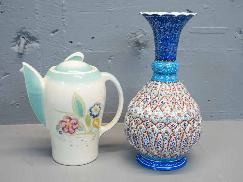 Susie Cooper kestrel shape "Springtime" coffee pot and a Persian "Minakari" enamel vase H-255 Image 1++