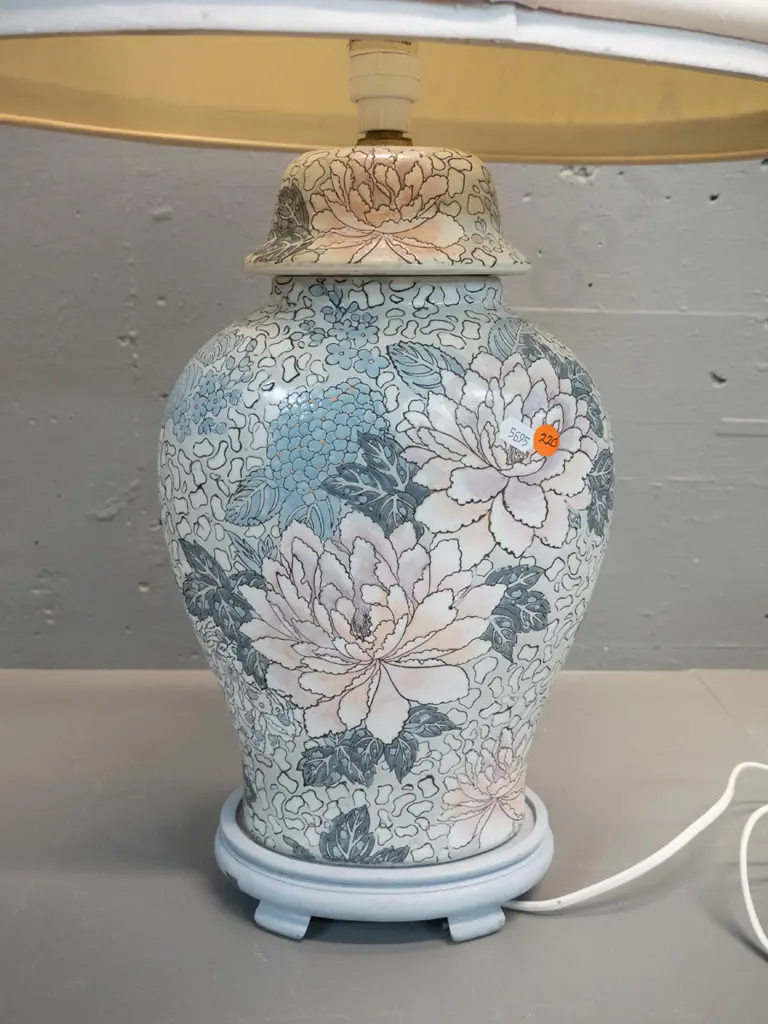 floral china table lamp with painted timber base and fabric covered shade H-740 Image 1++