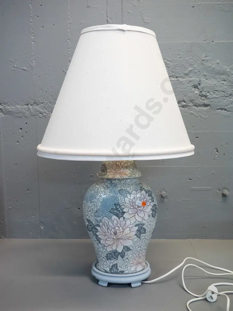 floral china table lamp with painted timber base and fabric covered shade H-740 Image 1++