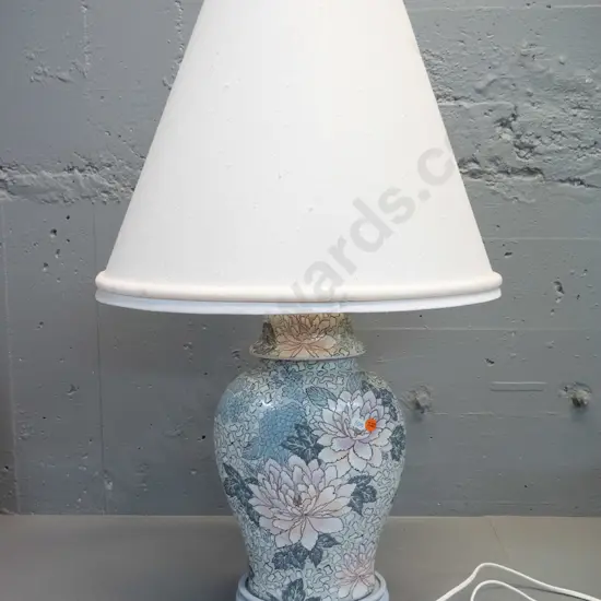 floral china table lamp with painted timber base and fabric covered shade H-740