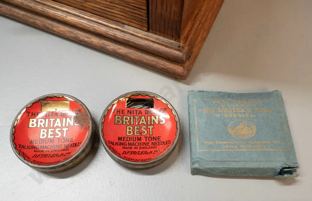 vintage oak-cased His Master's Voice "The Bristol" wind-up gramophone with one record and 3 containers of needles. Going Image 1++