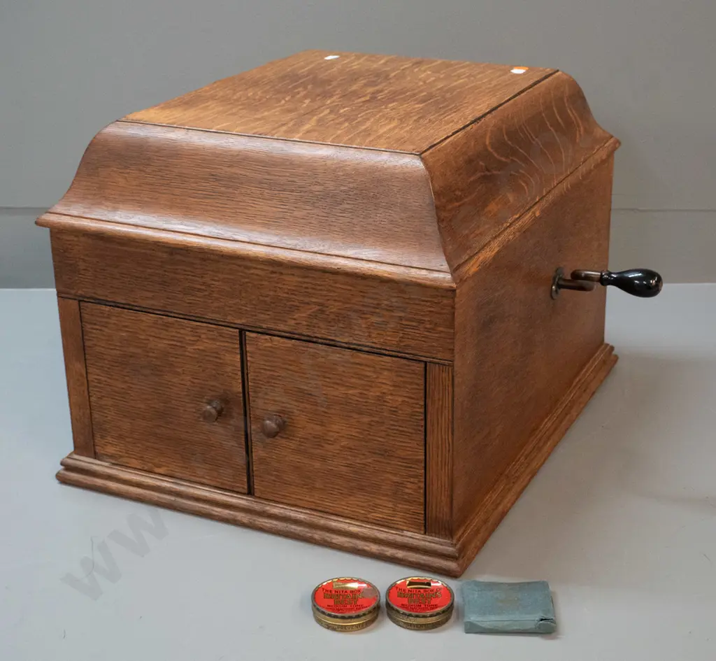 vintage oak-cased His Master's Voice "The Bristol" wind-up gramophone with one record and 3 containers of needles. Going Image 1++
