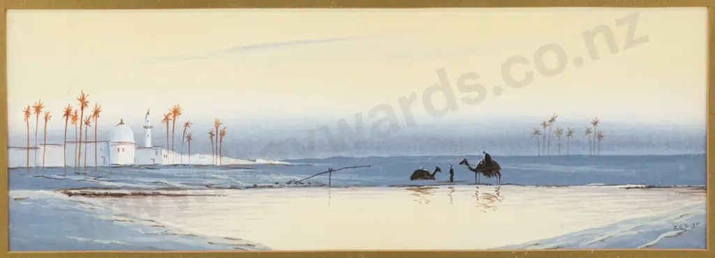 ICS 1921 - framed watercolour - camel desert scene H-130 W-370 Image 1++