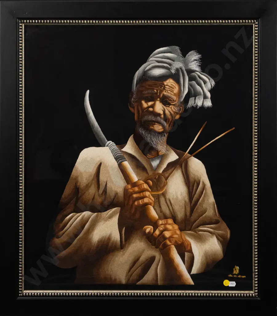 framed Vietnamese needlework - male portrait H-610 W-530 Image 1++