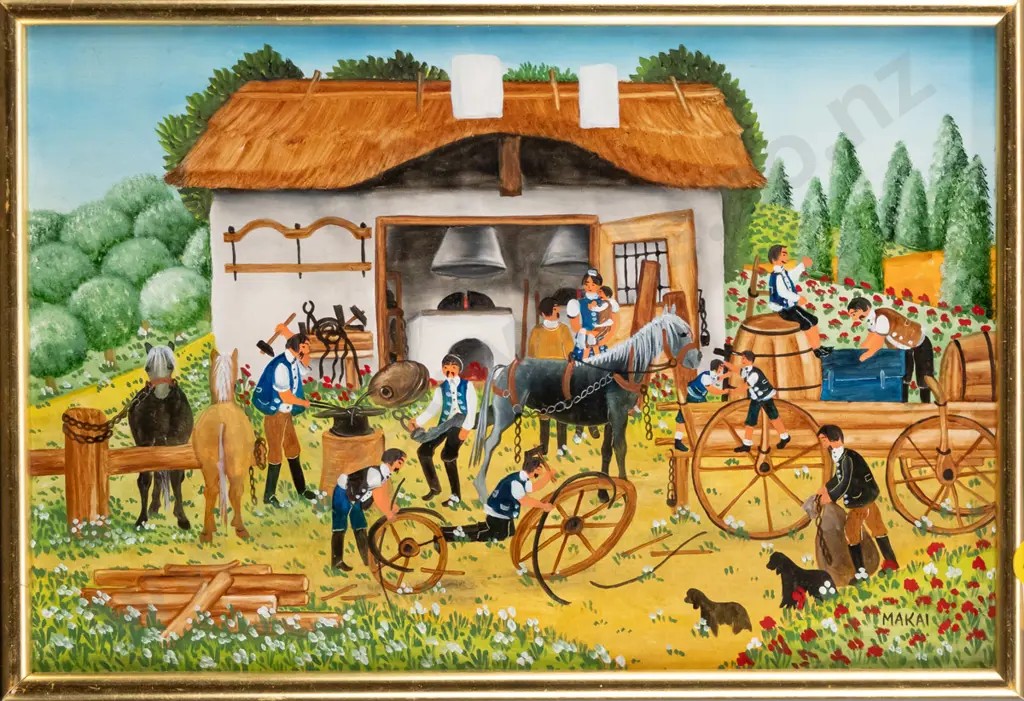 Makai - framed watercolour - farrier and wagon scene H-200 W-29 Image 1++