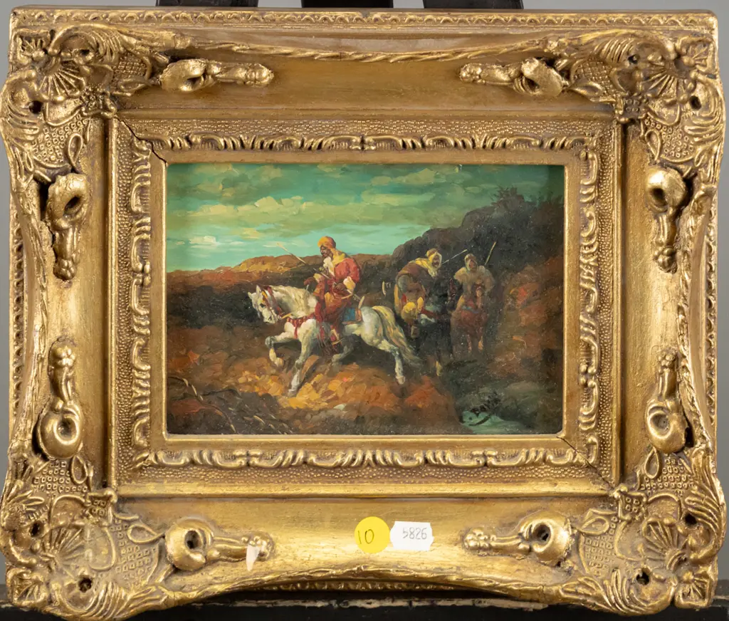 C David - gilt framed acrylic - men on horseback H-110 W-160 Image 1++
