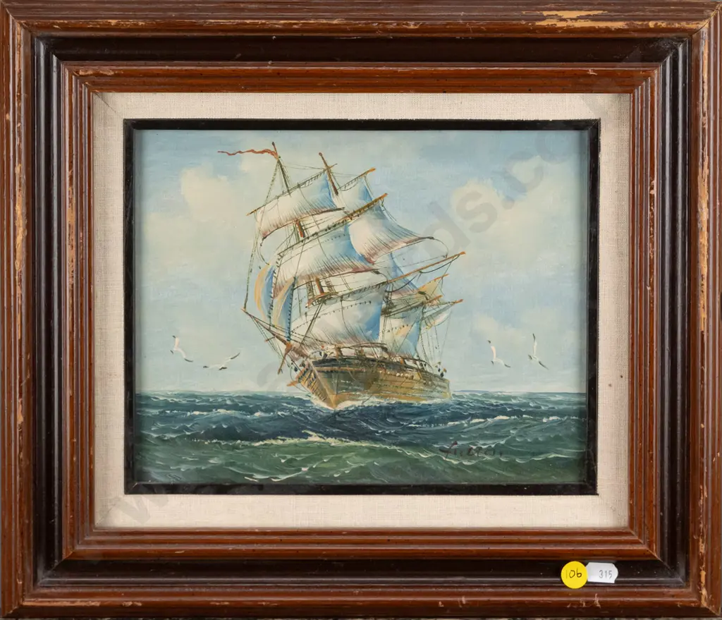 framed oil - sailing ship H-190 W-240  (framing needs attention) Image 1++