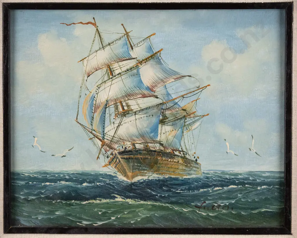 framed oil - sailing ship H-190 W-240  (framing needs attention) Image 1++
