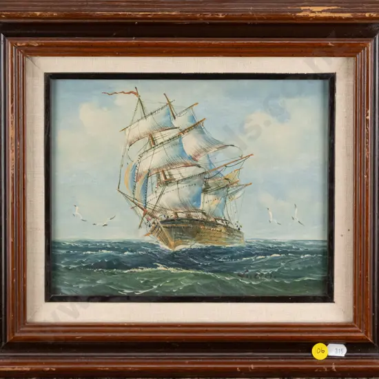 framed oil - sailing ship H-190 W-240  (framing needs attention)