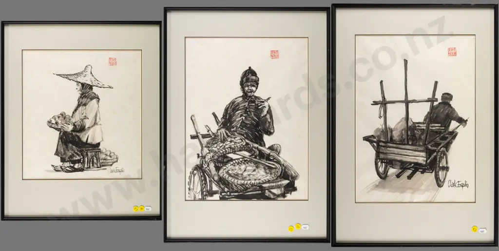 3x Clark Esplin - framed inks - "Mandarin Seller" "Vegetables for Sale" "Carter" extensive foxing Largest H-410 W-300 Image 1++