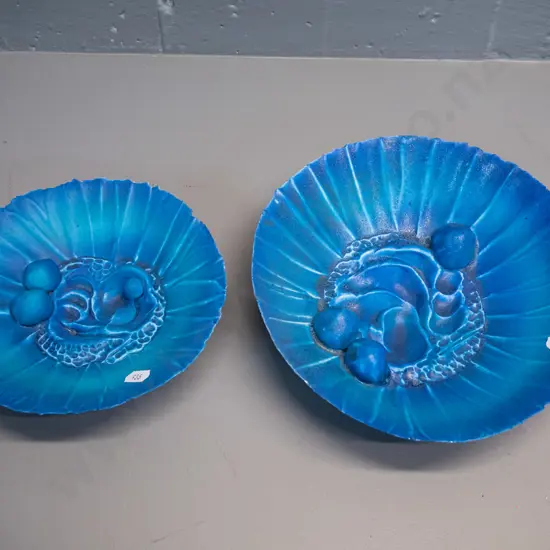 2 studio pottery fluted bowls with applied decoration - several flecks on rims, no maker's marks. Larger H60 D230