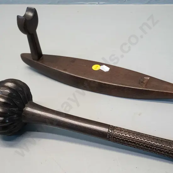 Fijian carved hardwood club with display stand - stand "fork" sits loose - club L-320