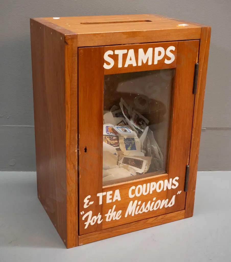 timber and glass charity donation box - "Stamps and Tea Coupons For the Missions" with some contents, locked but no key Image 1++