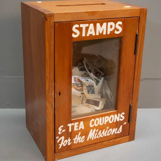 timber and glass charity donation box - "Stamps and Tea Coupons For the Missions" with some contents, locked but no key