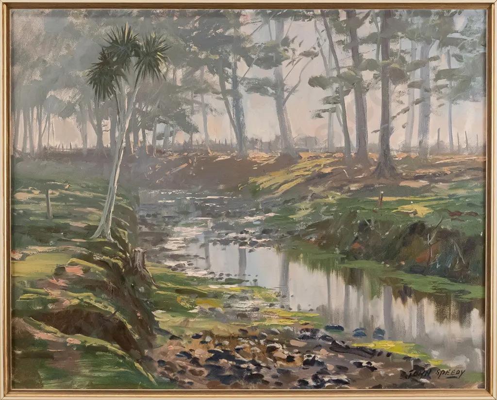 John Speedy 1987- framed oil board "sunlight through the glade" H-390 W-490 Image 1++