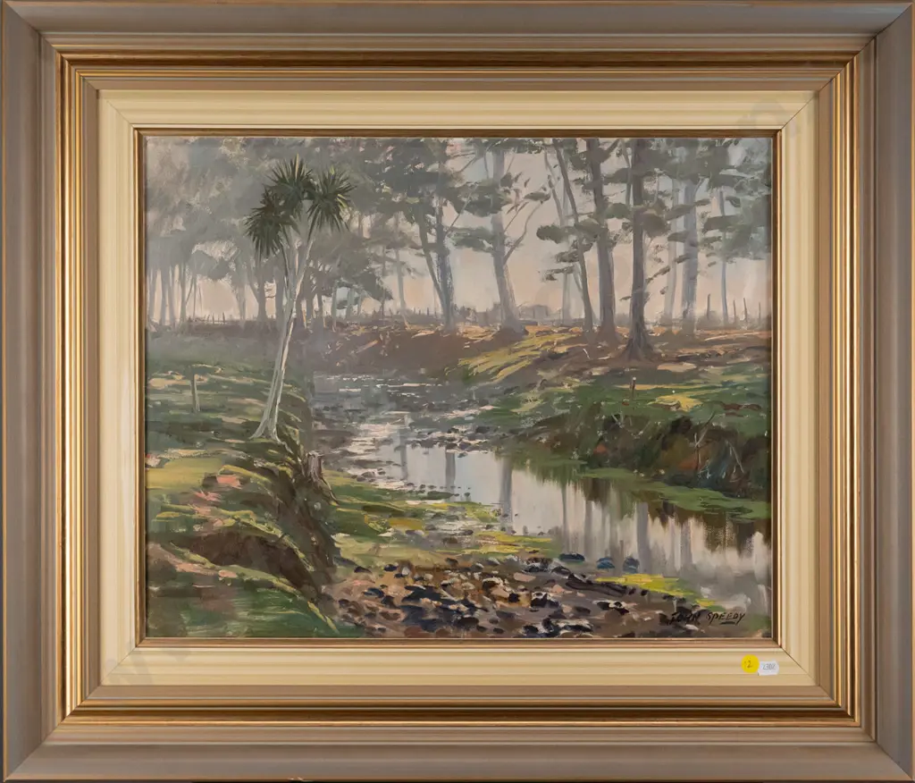 John Speedy 1987- framed oil board "sunlight through the glade" H-390 W-490 Image 1++