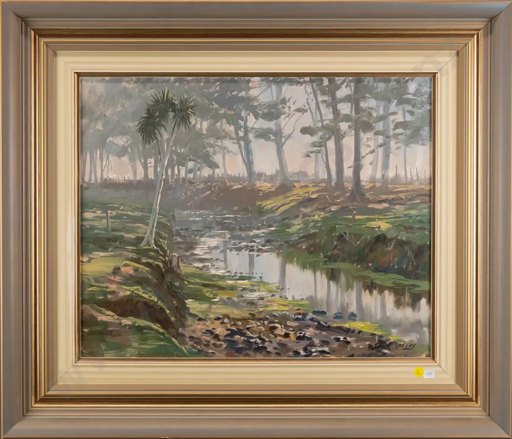 John Speedy 1987- framed oil board "sunlight through the glade" H-390 W-490 Image 1++