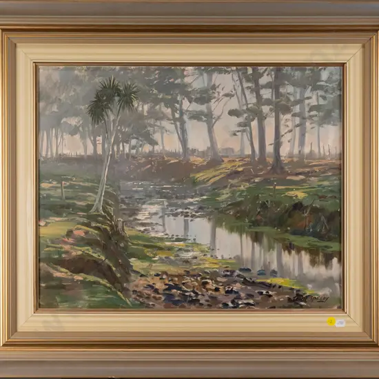 John Speedy 1987- framed oil board "sunlight through the glade" H-390 W-490