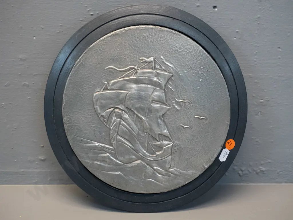 deco style beaten pewter sailing ship image in painted timber frame D-260 Image 1++