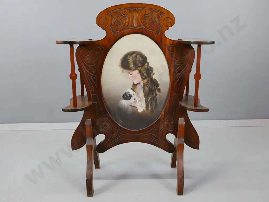 small beech and rimu decorative screen with oval painted portrait of girl and dog, foliate carved frame - side shelves Image 1++
