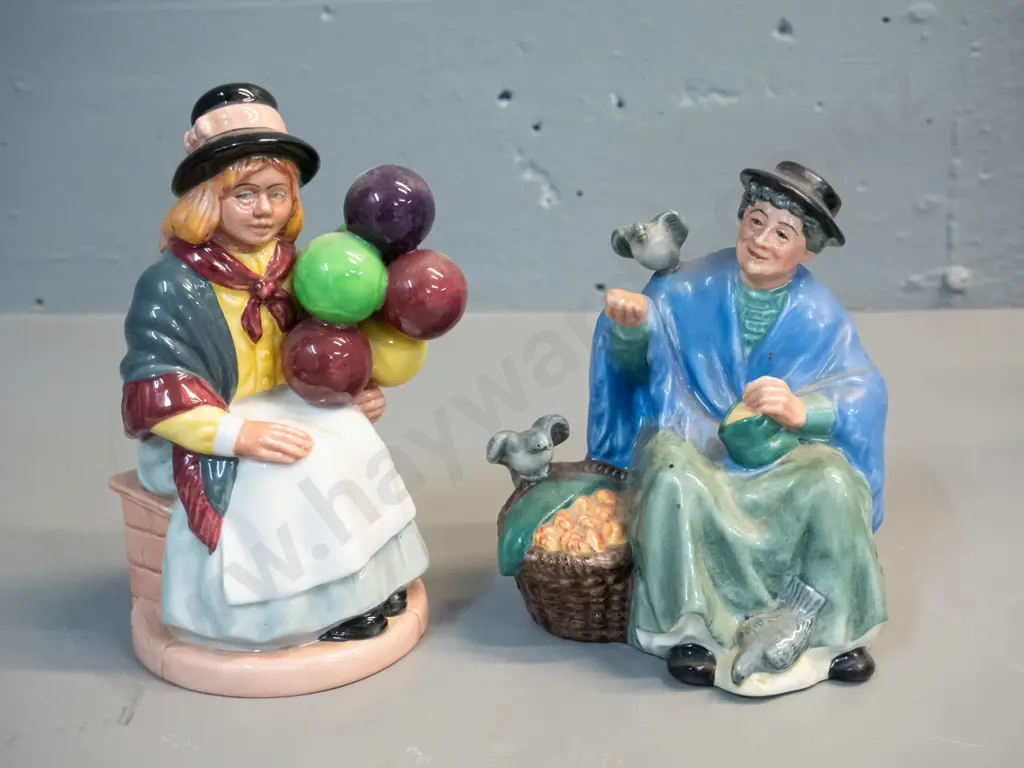 2 Royal Doulton figurines - seated balloon seller H-170 and woman feeding pigeons Image 1++