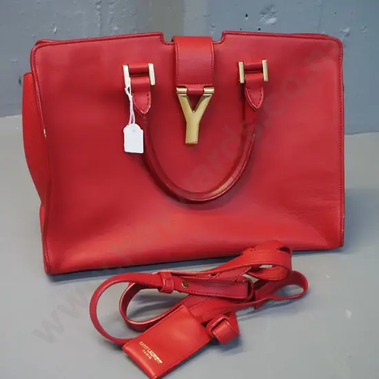 Yves Saint Laurent red leather hand bag with detachable strap - some wear and rubbing H-220 W300. NOT AUTHENTICATED