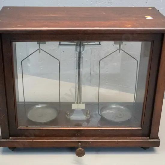 vintage precision balance scales in glazed timber case - marked John H Brown Technical Works - Sunshine, and "16" with
