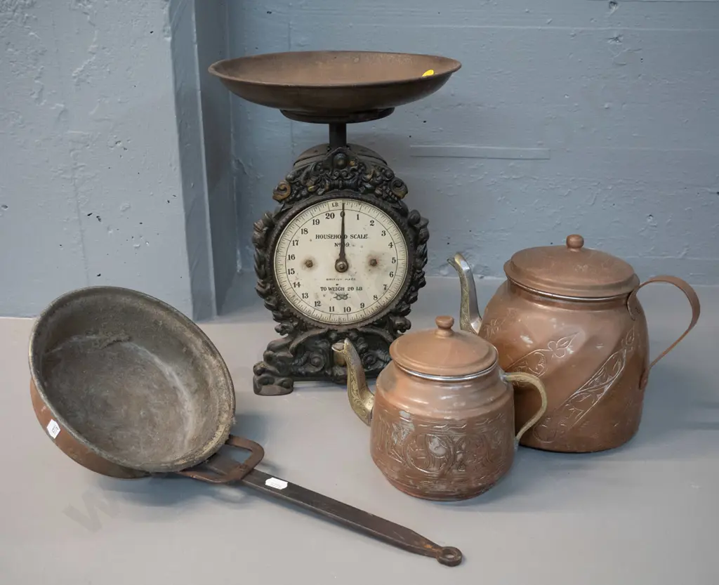 vintage Salter household scales H-310, 2 copper plated kettles and a copper pan with forged handle Image 1++