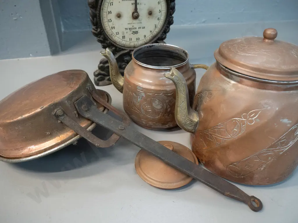 vintage Salter household scales H-310, 2 copper plated kettles and a copper pan with forged handle Image 1++