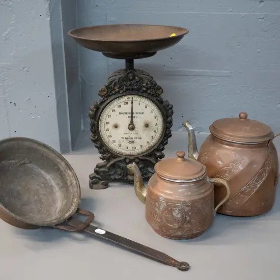 vintage Salter household scales H-310, 2 copper plated kettles and a copper pan with forged handle
