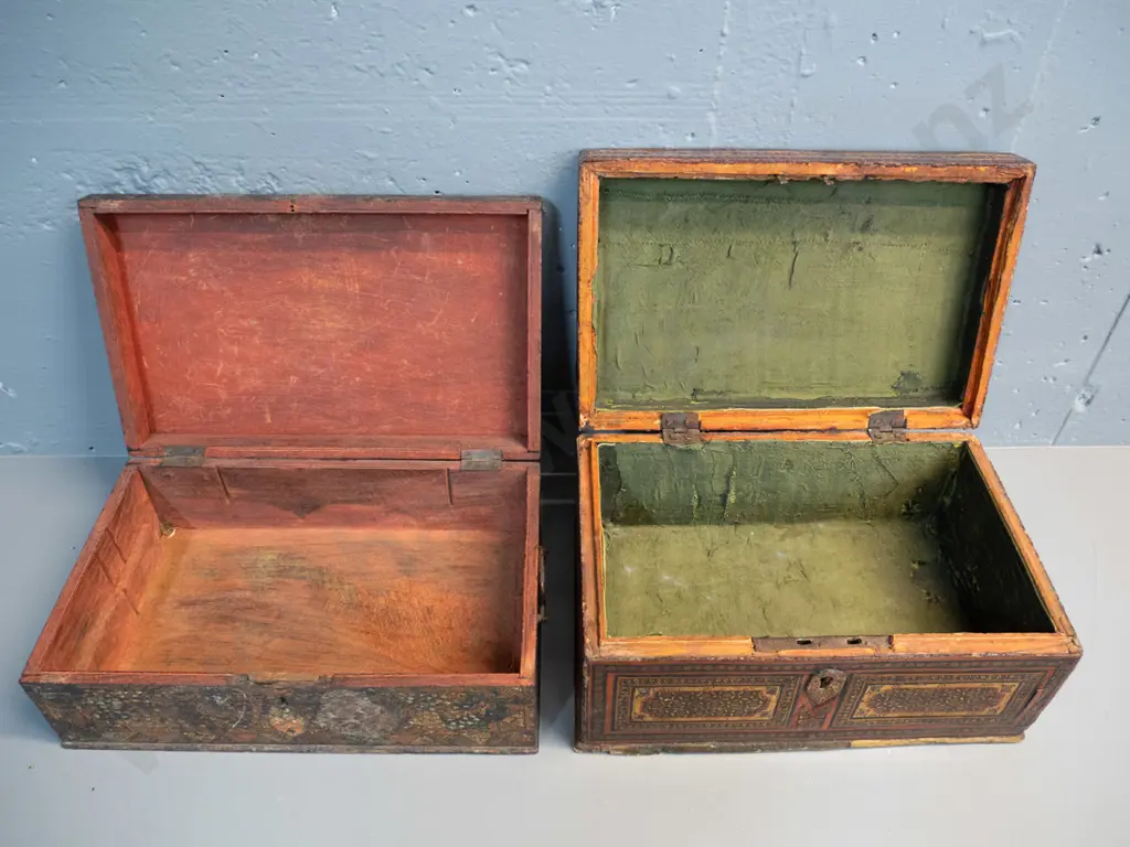 vintage Indian storage or trinket boxes with hinged lids - overall wear, some damage, larger is H-150 W-305 D-200 Image 1++
