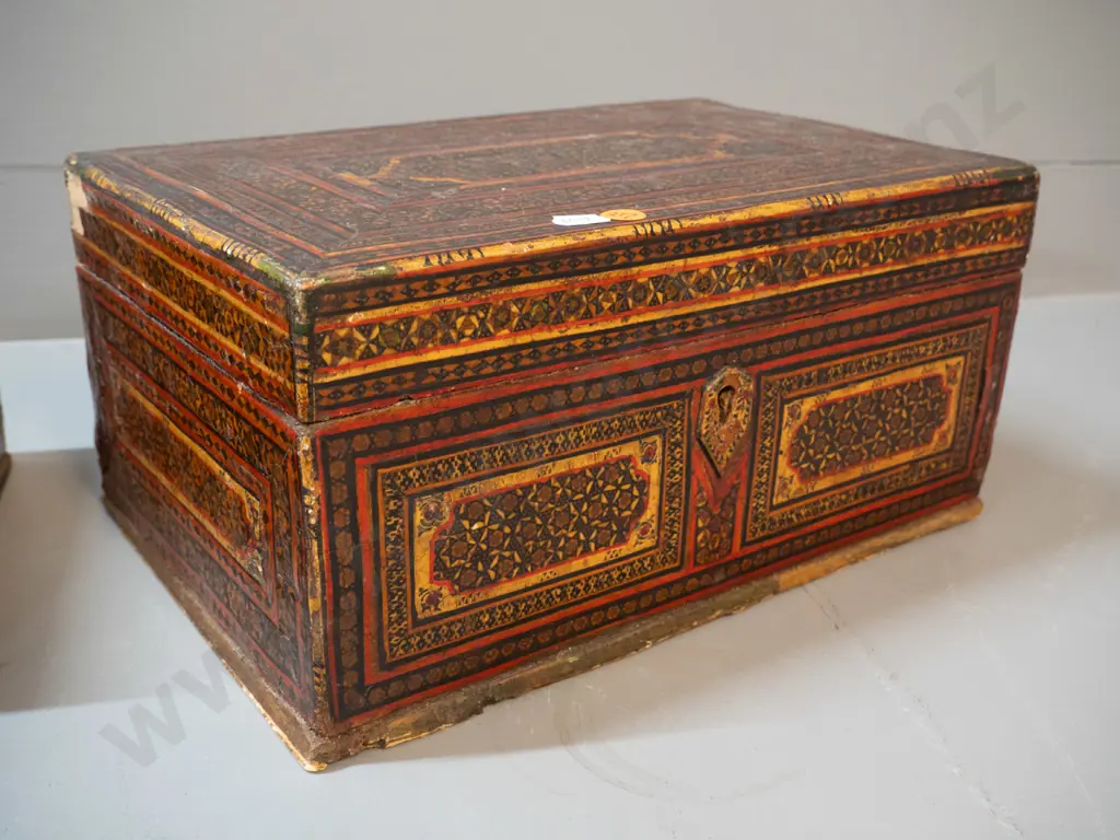 vintage Indian storage or trinket boxes with hinged lids - overall wear, some damage, larger is H-150 W-305 D-200 Image 1++